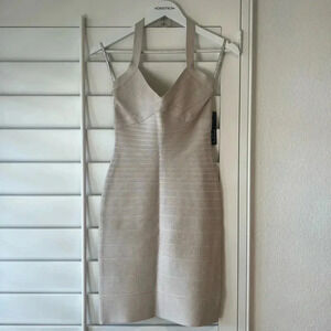 HERVÉ LÉGER NEW Halter Bandage Dress Beige Body Con